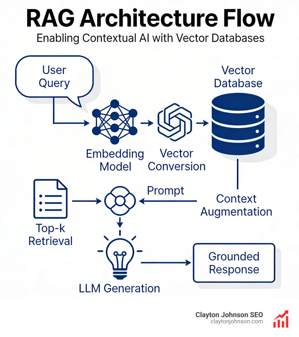Infographic showing RAG architecture: user query flows into an embedding model, which converts it to a vector, searches a vector database containing chunked and embedded documents, retrieves top-k relevant chunks, augments the LLM prompt with those chunks, and generates a grounded response — with labels for each stage including embedding, similarity search, context augmentation, and generation - RAG & Vector Databases infographic 