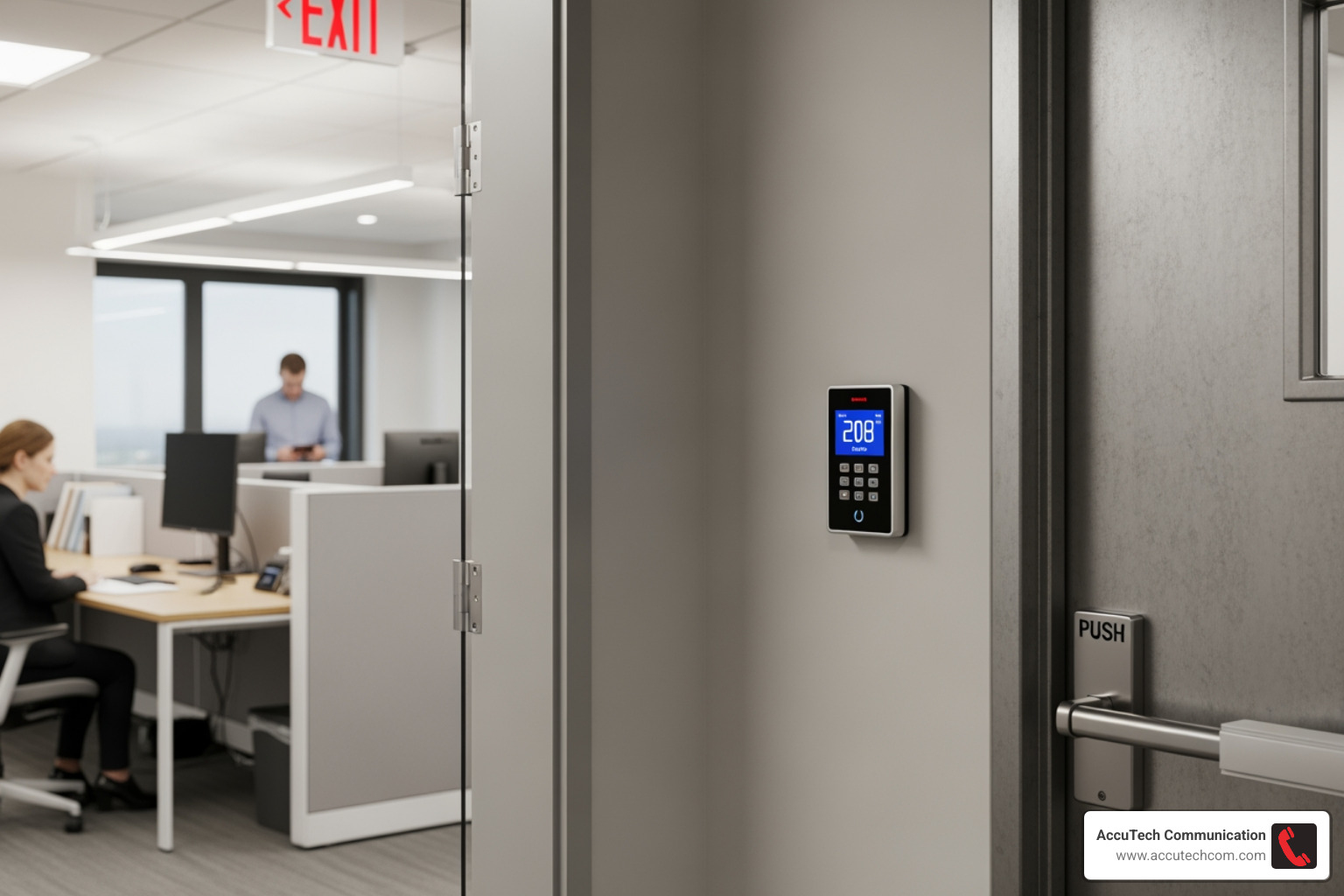 A secure office interior featuring a sleek, modern alarm keypad mounted near a reinforced exit door - Business alarm systems Manchester