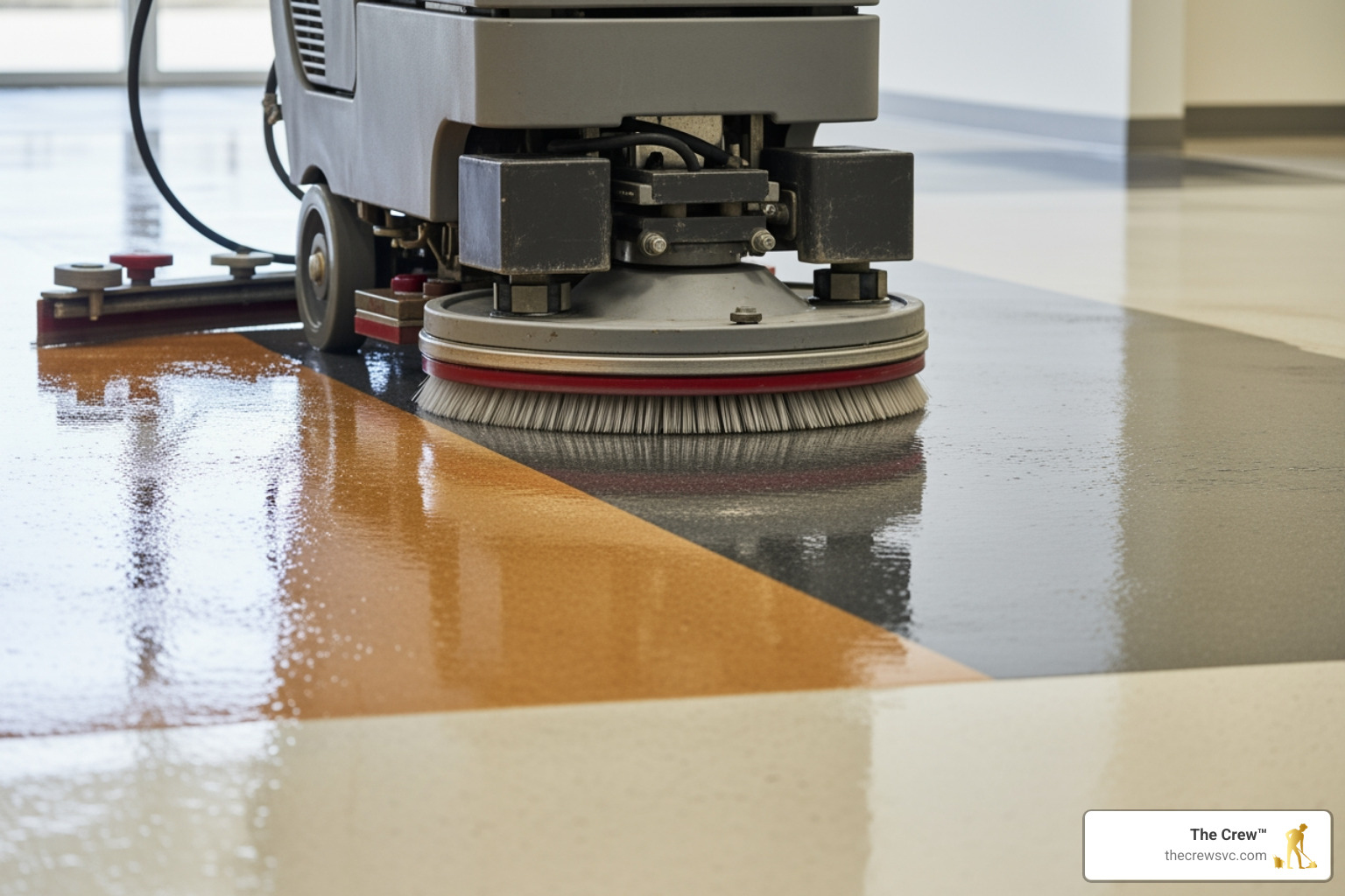 Professional floor scrubbing equipment in action on a commercial vinyl floor - vinyl floor cleaning services near me