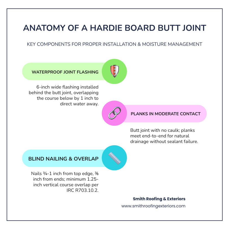 Anatomy of a Hardie board butt joint infographic showing: 1) 6-inch wide waterproof joint flashing installed behind the butt joint, 2) 1-inch overlap of flashing onto the course below, 3) planks butted in moderate contact with no caulk, 4) minimum 1.25-inch vertical overlap between courses, 5) blind nail positioned 0.75 to 1 inch from top edge and 0.375 inch from plank end, 6) water-resistive barrier behind flashing, and 7) stud framing with joints landing on stud centers - hardie board seams infographic infographic-line-3-steps-colors Anatomy of a Hardie board butt joint infographic showing: 1) 6-inch wide waterproof joint flashing installed behind the butt joint, 2) 1-inch overlap of flashing onto the course below, 3) planks butted in moderate contact with no caulk, 4) minimum 1.25-inch vertical overlap between courses, 5) blind nail positioned 0.75 to 1 inch from top edge and 0.375 inch from plank end, 6) water-resistive barrier behind flashing, and 7) stud framing with joints landing on stud centers - hardie board seams infographic infographic-line-3-steps-colors