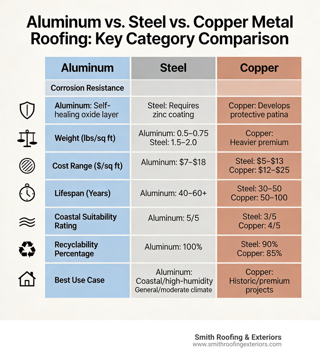 Infographic comparing aluminum, steel, and copper metal roofing across key categories: corrosion resistance (aluminum forms self-healing oxide layer vs. steel requires zinc coating vs. copper develops patina), weight in lbs per sq ft (aluminum 0.5–0.75 vs. steel 1.5–2.0 vs. copper heavier premium), cost range per sq ft, lifespan in years, coastal suitability rating, recyclability percentage, and best use case environment for each material - aluminum metal roofing infographic 