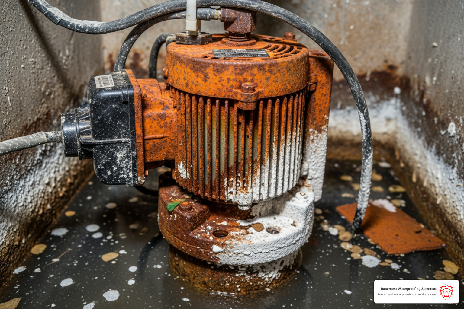 A rusted sump pump motor sitting in a dirty sump pit, showing signs of corrosion and age - sump pump repair NJ