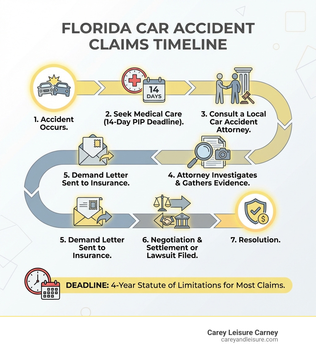 Infographic showing Florida car accident claims timeline: Step 1 - Accident occurs; Step 2 - Seek medical care within 14 days for PIP; Step 3 - Consult a local car accident attorney; Step 4 - Attorney investigates and gathers evidence; Step 5 - Demand letter sent to insurance; Step 6 - Negotiation and settlement or lawsuit filed; Step 7 - Resolution, with a 4-year statute of limitations deadline noted at the bottom - car collision lawyer near me infographic 