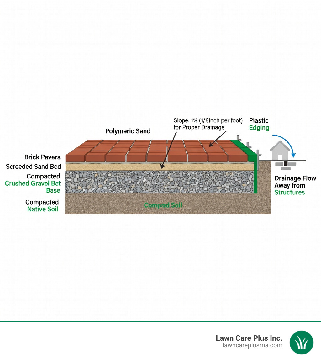Infographic showing the layered cross-section of a brick walkway foundation from bottom to top: compacted native soil, 4-inch compacted crushed gravel base, 1-inch screeded sand bed, brick pavers on top, with polymeric sand swept into joints and plastic edging securing the perimeter; labels show recommended depths, slope direction, and drainage flow away from structures - building a brick walkway infographic 
