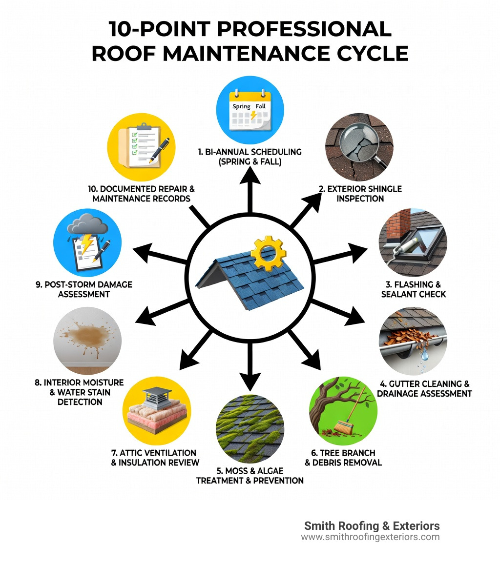 10-point professional roof maintenance cycle infographic showing: 1. Bi-annual scheduling in spring and fall, 2. Exterior shingle inspection for cracking, curling, and granule loss, 3. Flashing and sealant check around chimneys, vents, and skylights, 4. Gutter cleaning and drainage assessment, 5. Moss and algae treatment and prevention, 6. Tree branch and debris removal, 7. Attic ventilation and insulation review, 8. Interior moisture and water stain detection, 9. Post-storm damage assessment, 10. Documented repair and maintenance records - professional roof maintenance infographic 10-point professional roof maintenance cycle infographic showing: 1. Bi-annual scheduling in spring and fall, 2. Exterior shingle inspection for cracking, curling, and granule loss, 3. Flashing and sealant check around chimneys, vents, and skylights, 4. Gutter cleaning and drainage assessment, 5. Moss and algae treatment and prevention, 6. Tree branch and debris removal, 7. Attic ventilation and insulation review, 8. Interior moisture and water stain detection, 9. Post-storm damage assessment, 10. Documented repair and maintenance records - professional roof maintenance infographic