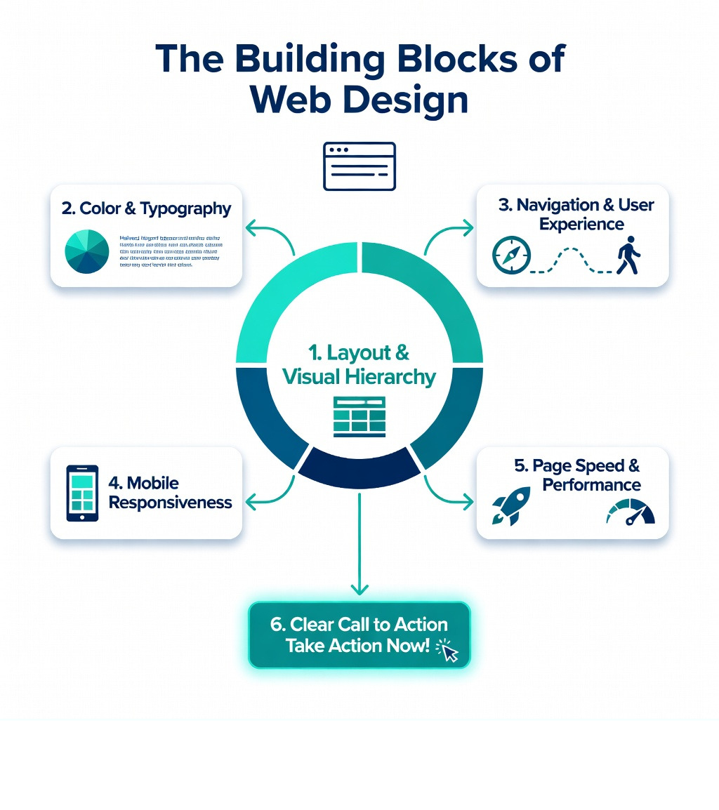 Infographic showing the key components of web design: layout and visual hierarchy at the top, followed by color and typography, navigation and user experience, mobile responsiveness, page speed and performance, SEO integration, and a clear call to action at the bottom — each component connected by arrows showing how they work together to create an effective website - What is web design? infographic Infographic showing the key components of web design: layout and visual hierarchy at the top, followed by color and typography, navigation and user experience, mobile responsiveness, page speed and performance, SEO integration, and a clear call to action at the bottom — each component connected by arrows showing how they work together to create an effective website - What is web design? infographic