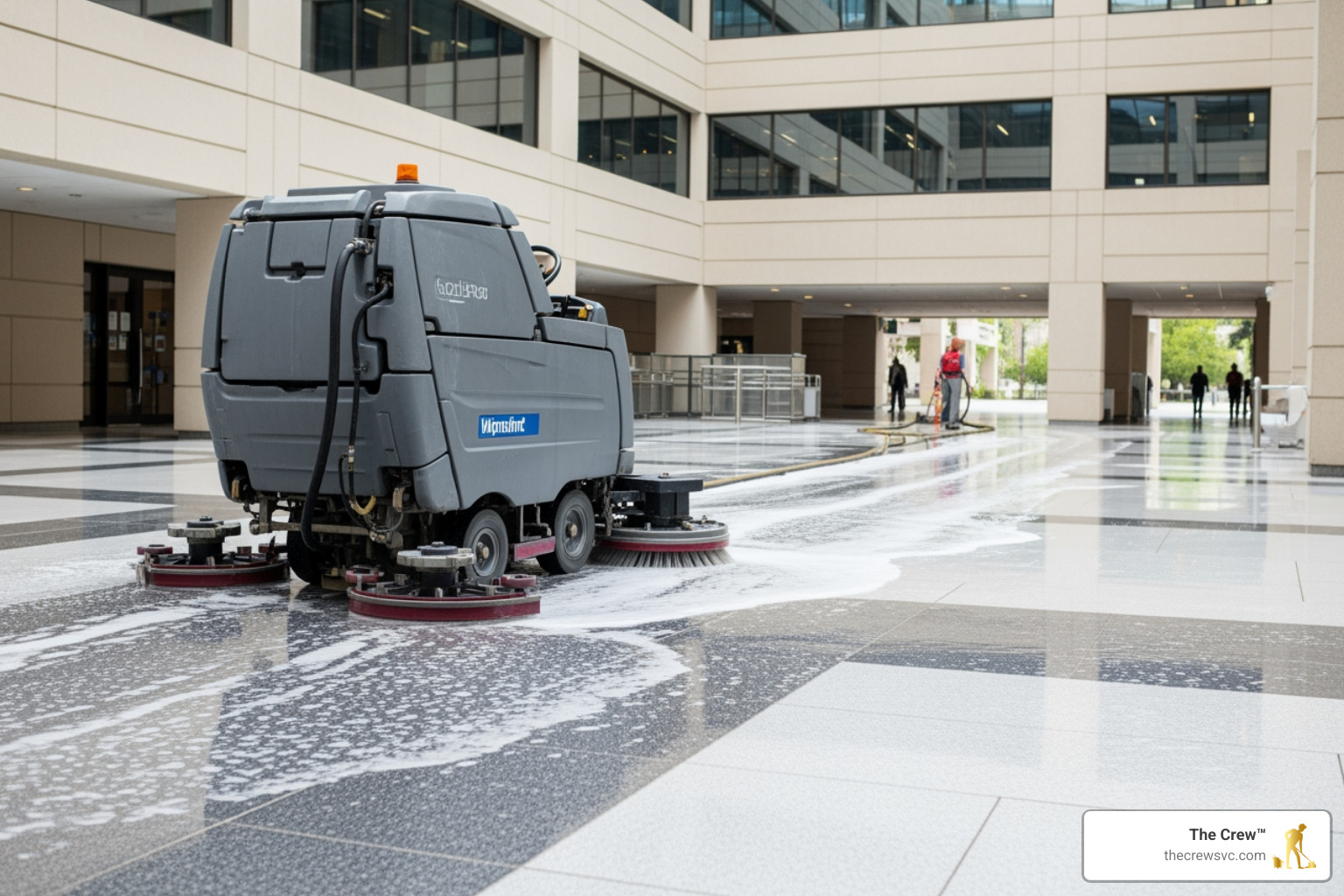 Professional floor scrubbing equipment in action on a large commercial floor - floor cleaning and polishing services Professional floor scrubbing equipment in action on a large commercial floor - floor cleaning and polishing services