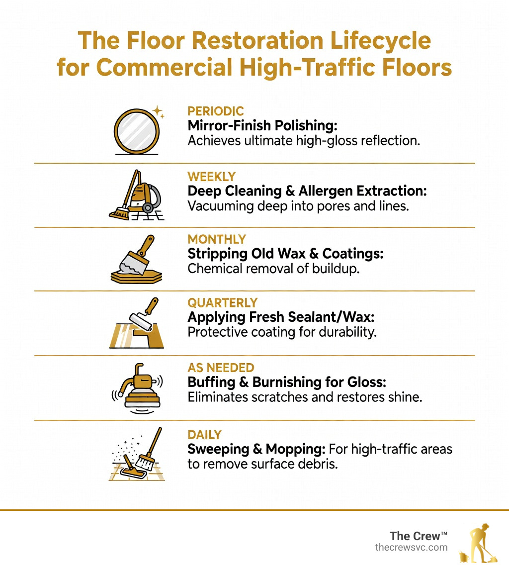 Infographic showing the floor restoration lifecycle: daily sweeping and mopping at the base, followed by periodic deep cleaning and allergen extraction, then stripping of old wax and coatings, application of fresh sealant or wax, buffing and high-speed burnishing for gloss, and final mirror-finish polishing at the top — with icons for each stage and labels indicating recommended frequency for commercial high-traffic floors - floor cleaning and polishing services infographic Infographic showing the floor restoration lifecycle: daily sweeping and mopping at the base, followed by periodic deep cleaning and allergen extraction, then stripping of old wax and coatings, application of fresh sealant or wax, buffing and high-speed burnishing for gloss, and final mirror-finish polishing at the top — with icons for each stage and labels indicating recommended frequency for commercial high-traffic floors - floor cleaning and polishing services infographic