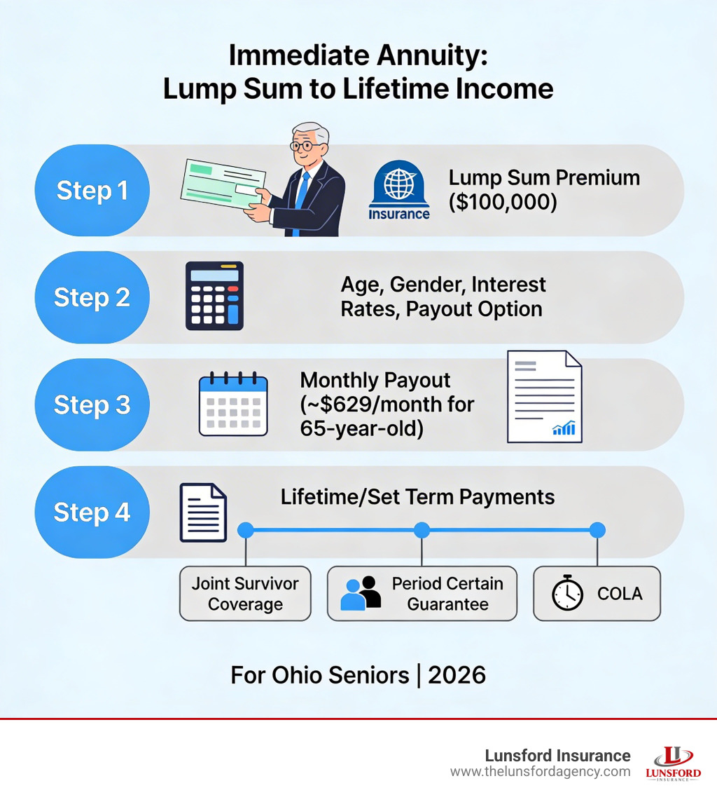 Infographic showing how a lump sum converts to lifetime income through an immediate annuity: Step 1 - Retiree pays a single lump sum premium (e.g. $100,000) to an insurance company; Step 2 - Insurance company calculates monthly payout based on age, gender, interest rates, and chosen payout option; Step 3 - Retiree receives guaranteed monthly payments (e.g. ~$629/month for a 65-year-old); Step 4 - Payments continue for life or a set term, depending on the contract; Optional add-ons shown: joint survivor coverage, period certain guarantee, cost-of-living adjustment (COLA) - immediate annuity for retirees infographic 