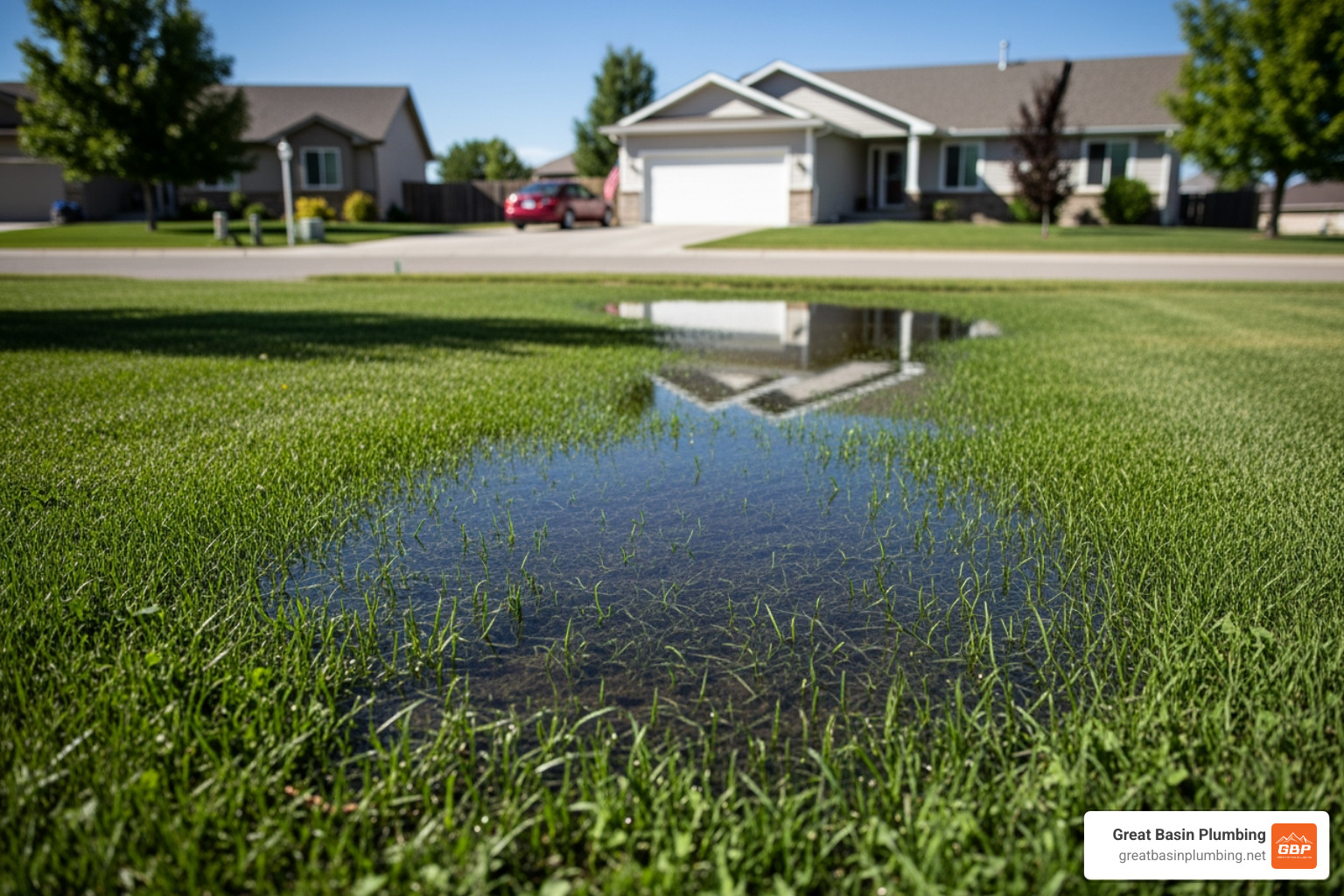 Soggy, flooded patch of grass in a front yard indicating an underground water line leak - Main water line repair Utah
