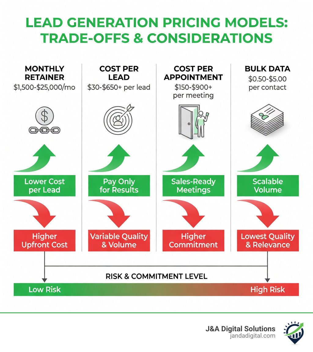 Infographic showing lead generation pricing models side by side: Monthly Retainer ($1,500-$25,000/mo) for ongoing strategy and account management, Cost Per Lead ($30-$650+ per lead) for performance-based buying, Cost Per Appointment ($150-$900+ per meeting) for sales-ready meetings, and Bulk Data ($0.50-$5.00 per contact) for raw contact lists, with arrows showing trade-offs between cost, lead quality, and risk for each model - lead generation pricing infographic 