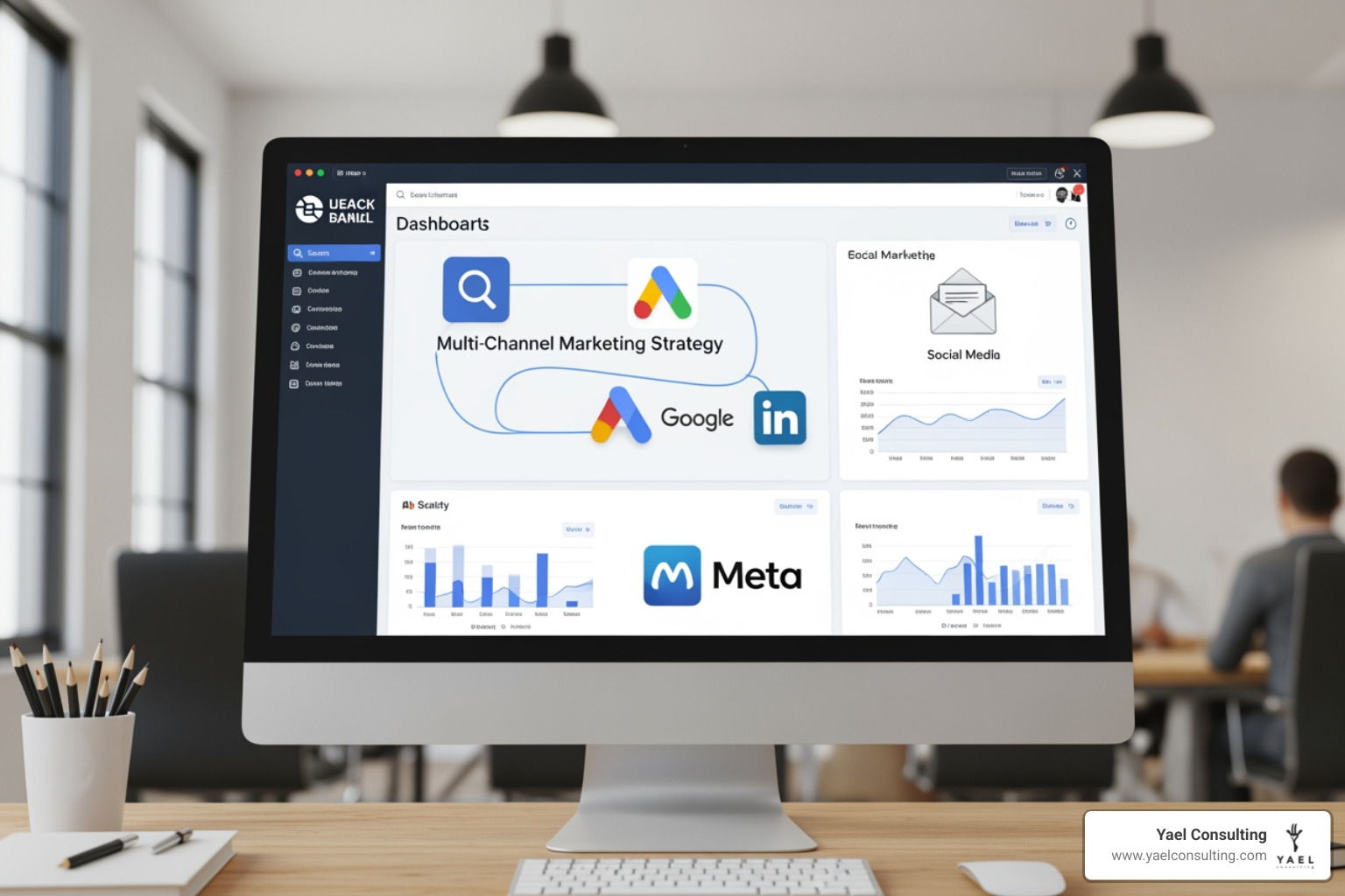 Multi-channel marketing strategy showing the integration of Search, Social, and Email channels - lead gen ad experts Multi-channel marketing strategy showing the integration of Search, Social, and Email channels - lead gen ad experts