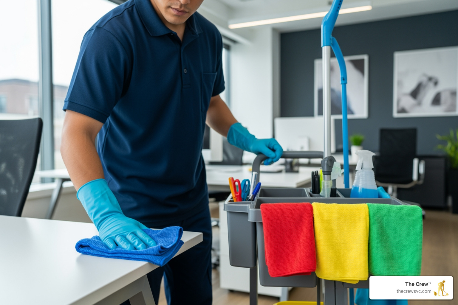Professional cleaner using color-coded microfiber cloths to prevent cross-contamination in a modern office suite - janitorial cleaning services