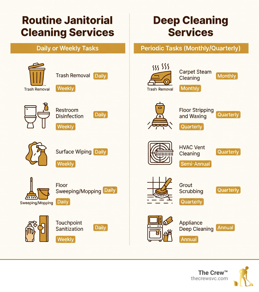 Infographic showing the difference between routine janitorial cleaning services (daily tasks: trash removal, restroom disinfection, surface wiping, floor sweeping/mopping, touchpoint sanitization) and deep cleaning services (periodic tasks: carpet steam cleaning, floor stripping and waxing, HVAC vent cleaning, grout scrubbing, appliance deep cleaning), displayed as two parallel columns with icons and frequency labels - janitorial cleaning services infographic 
