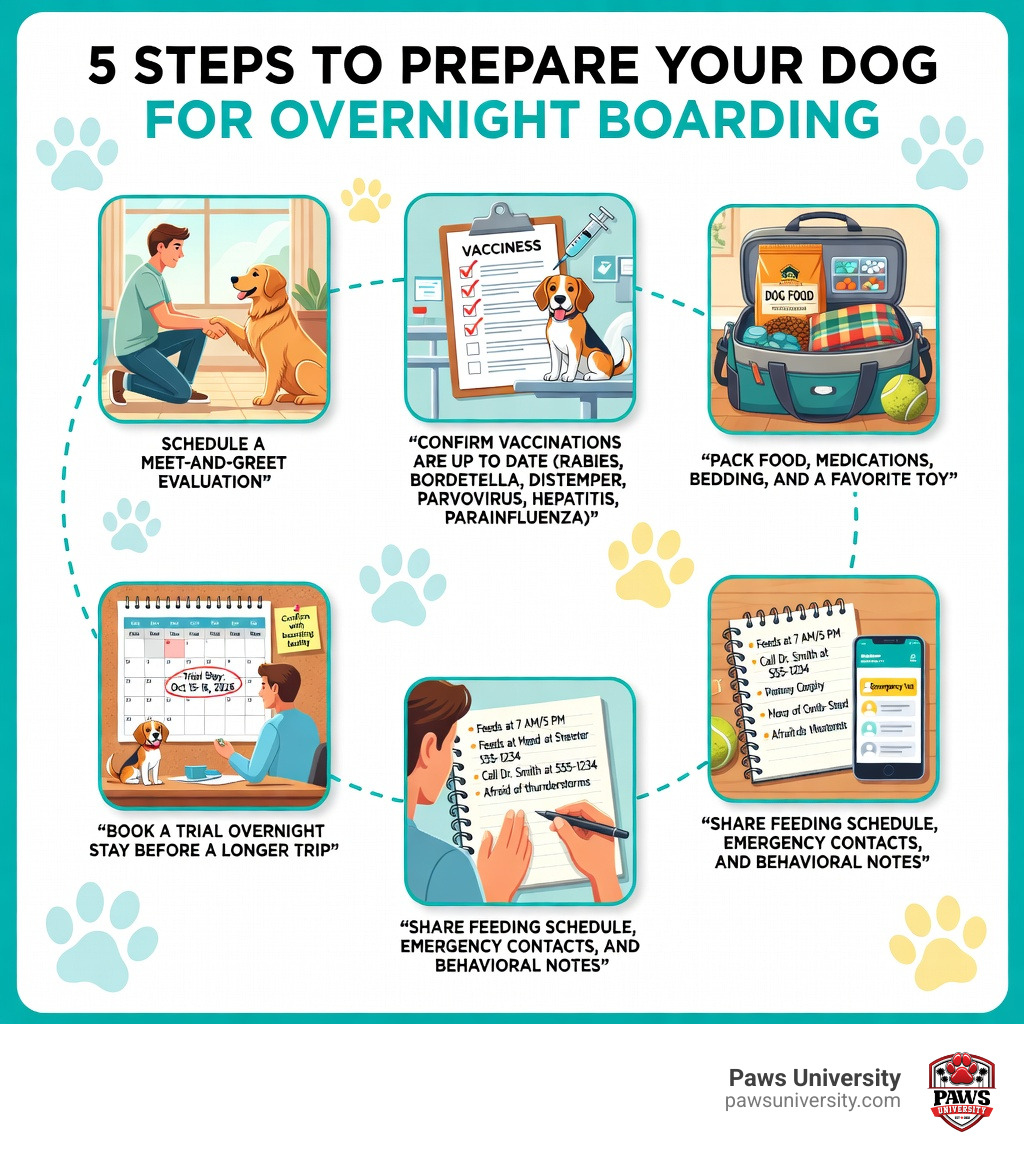 Infographic showing 5 steps to prepare your dog for overnight boarding: 1. Schedule a meet-and-greet evaluation, 2. Confirm vaccinations are up to date (Rabies, Bordetella, Distemper, Parvovirus, Hepatitis, Parainfluenza), 3. Pack food, medications, bedding, and a favorite toy, 4. Share feeding schedule, emergency contacts, and behavioral notes, 5. Book a trial overnight stay before a longer trip - overnight dog care infographic Infographic showing 5 steps to prepare your dog for overnight boarding: 1. Schedule a meet-and-greet evaluation, 2. Confirm vaccinations are up to date (Rabies, Bordetella, Distemper, Parvovirus, Hepatitis, Parainfluenza), 3. Pack food, medications, bedding, and a favorite toy, 4. Share feeding schedule, emergency contacts, and behavioral notes, 5. Book a trial overnight stay before a longer trip - overnight dog care infographic