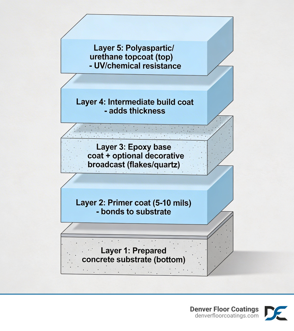 Infographic showing the multi-layer epoxy flooring system: Layer 1 - prepared concrete substrate at the bottom, Layer 2 - primer coat (5-10 mils), Layer 3 - epoxy base coat with optional decorative broadcast such as flakes or quartz, Layer 4 - intermediate build coat, Layer 5 - polyaspartic or urethane topcoat at the top for UV and chemical resistance; each layer labeled with its purpose and approximate thickness in mils - epoxy floors infographic Infographic showing the multi-layer epoxy flooring system: Layer 1 - prepared concrete substrate at the bottom, Layer 2 - primer coat (5-10 mils), Layer 3 - epoxy base coat with optional decorative broadcast such as flakes or quartz, Layer 4 - intermediate build coat, Layer 5 - polyaspartic or urethane topcoat at the top for UV and chemical resistance; each layer labeled with its purpose and approximate thickness in mils - epoxy floors infographic