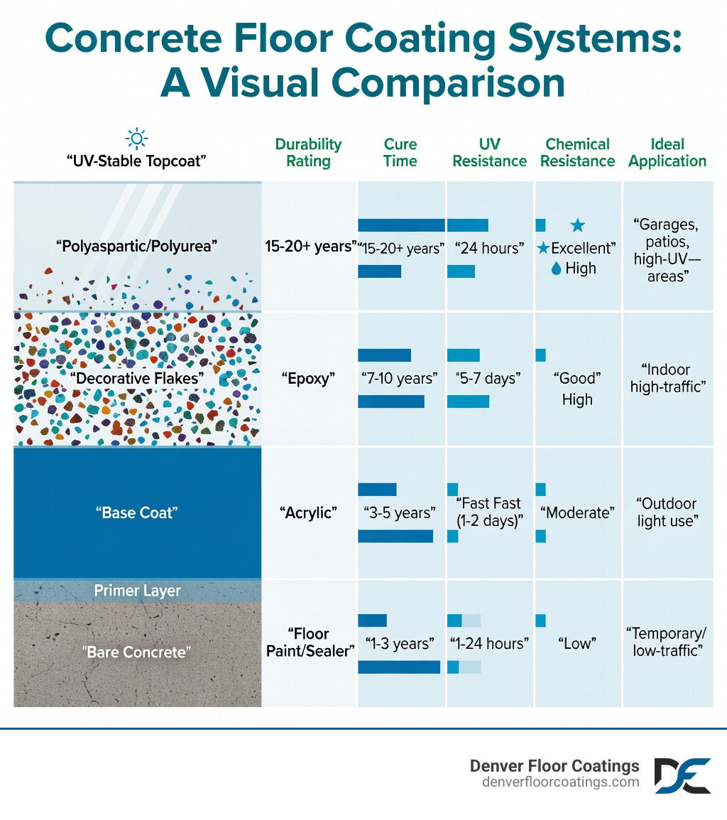 Infographic comparing the four main concrete floor coating types — polyaspartic, epoxy, acrylic, and floor paint — showing a vertical multi-layer diagram of the coating system from bare concrete through primer, base coat, decorative flake broadcast layer, and clear UV-stable topcoat, alongside a side-by-side comparison chart listing each coating's durability rating, cure time, UV resistance, chemical resistance, and ideal application - best floor coating for concrete infographic Infographic comparing the four main concrete floor coating types — polyaspartic, epoxy, acrylic, and floor paint — showing a vertical multi-layer diagram of the coating system from bare concrete through primer, base coat, decorative flake broadcast layer, and clear UV-stable topcoat, alongside a side-by-side comparison chart listing each coating's durability rating, cure time, UV resistance, chemical resistance, and ideal application - best floor coating for concrete infographic