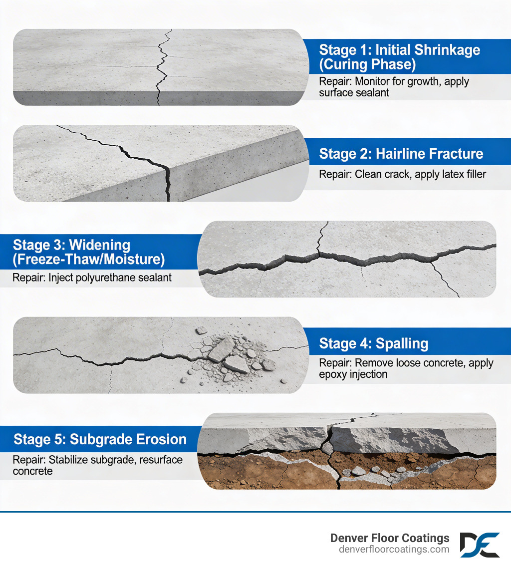Infographic showing the lifecycle of a concrete crack: starting with initial shrinkage during curing, progressing to a hairline fracture, widening due to freeze-thaw cycles and moisture intrusion, leading to spalling and subgrade erosion, with labeled stages and repair intervention points at each stage - concrete floor crack repair infographic 