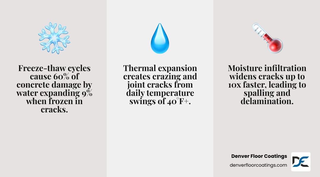 Infographic showing the lifecycle of concrete damage: Stage 1 - Hairline cracks form from freeze-thaw or load stress; Stage 2 - Moisture infiltrates cracks, accelerating deterioration; Stage 3 - Surface spalling and delamination develop; Stage 4 - Structural integrity weakens; Stage 5 - Concrete repair and surface preparation restore the substrate; Stage 6 - High-performance floor coating is applied for long-term protection - Concrete Repair infographic 3_facts_emoji_grey