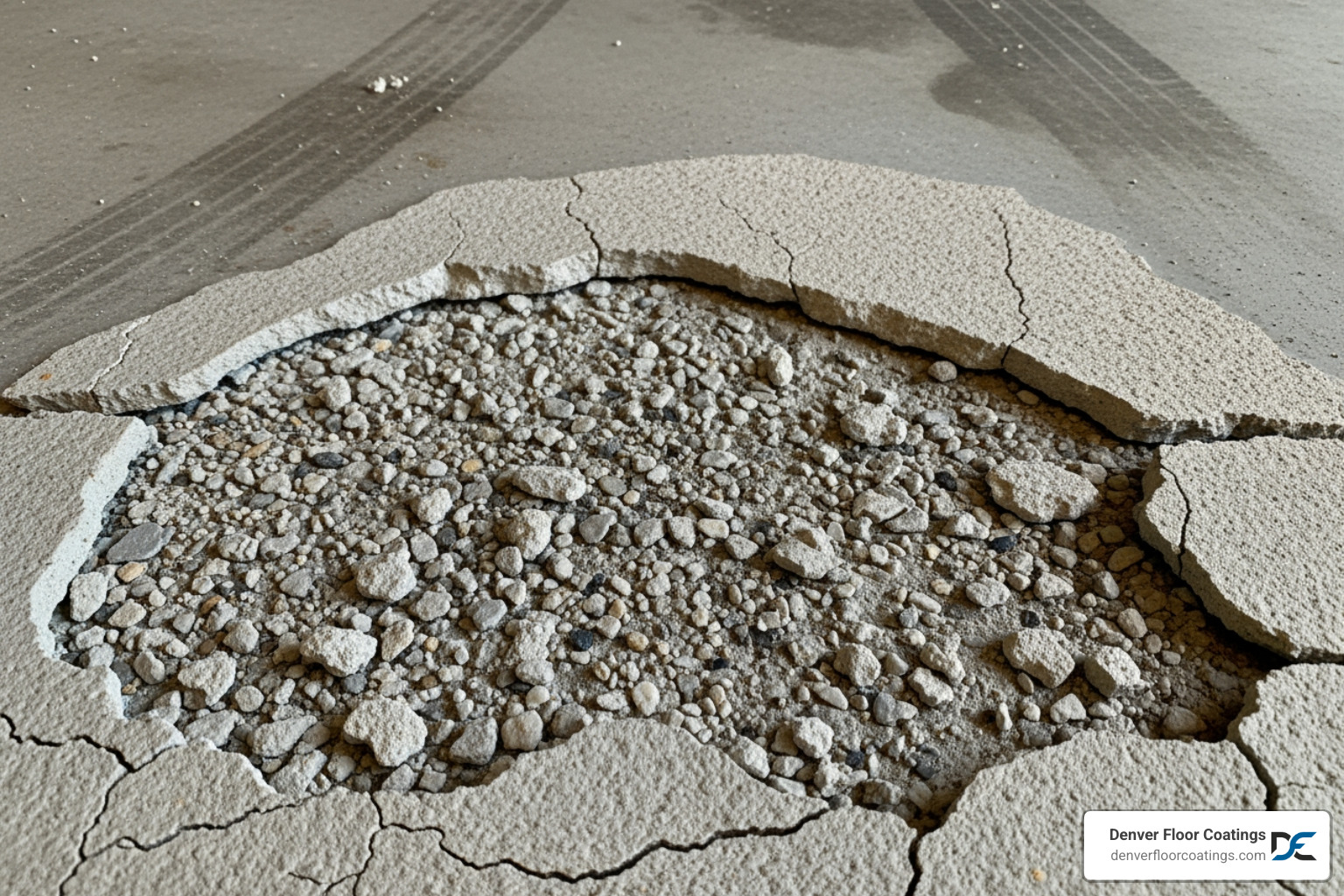 Image of concrete spalling and delamination showing the top layer of concrete flaking away to reveal the aggregate underneath - Concrete Repair