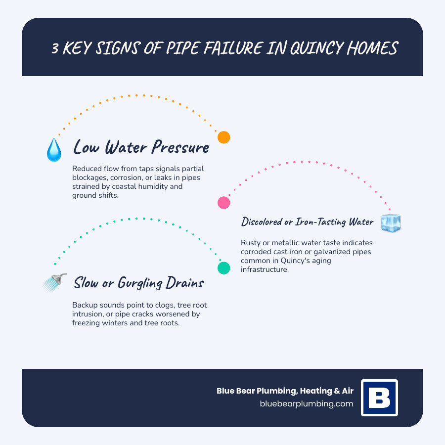 Infographic showing the top 6 signs of pipe failure in a Quincy MA home: low water pressure, discolored or iron-tasting water, water stains on walls or ceilings, slow or gurgling drains, unusually high water bills, and musty odors — each paired with a simple icon and a brief explanation of what it means for your pipes - pipe repair best in quincy, ma infographic infographic-line-3-steps-blues-accent_colors Infographic showing the top 6 signs of pipe failure in a Quincy MA home: low water pressure, discolored or iron-tasting water, water stains on walls or ceilings, slow or gurgling drains, unusually high water bills, and musty odors — each paired with a simple icon and a brief explanation of what it means for your pipes - pipe repair best in quincy, ma infographic infographic-line-3-steps-blues-accent_colors