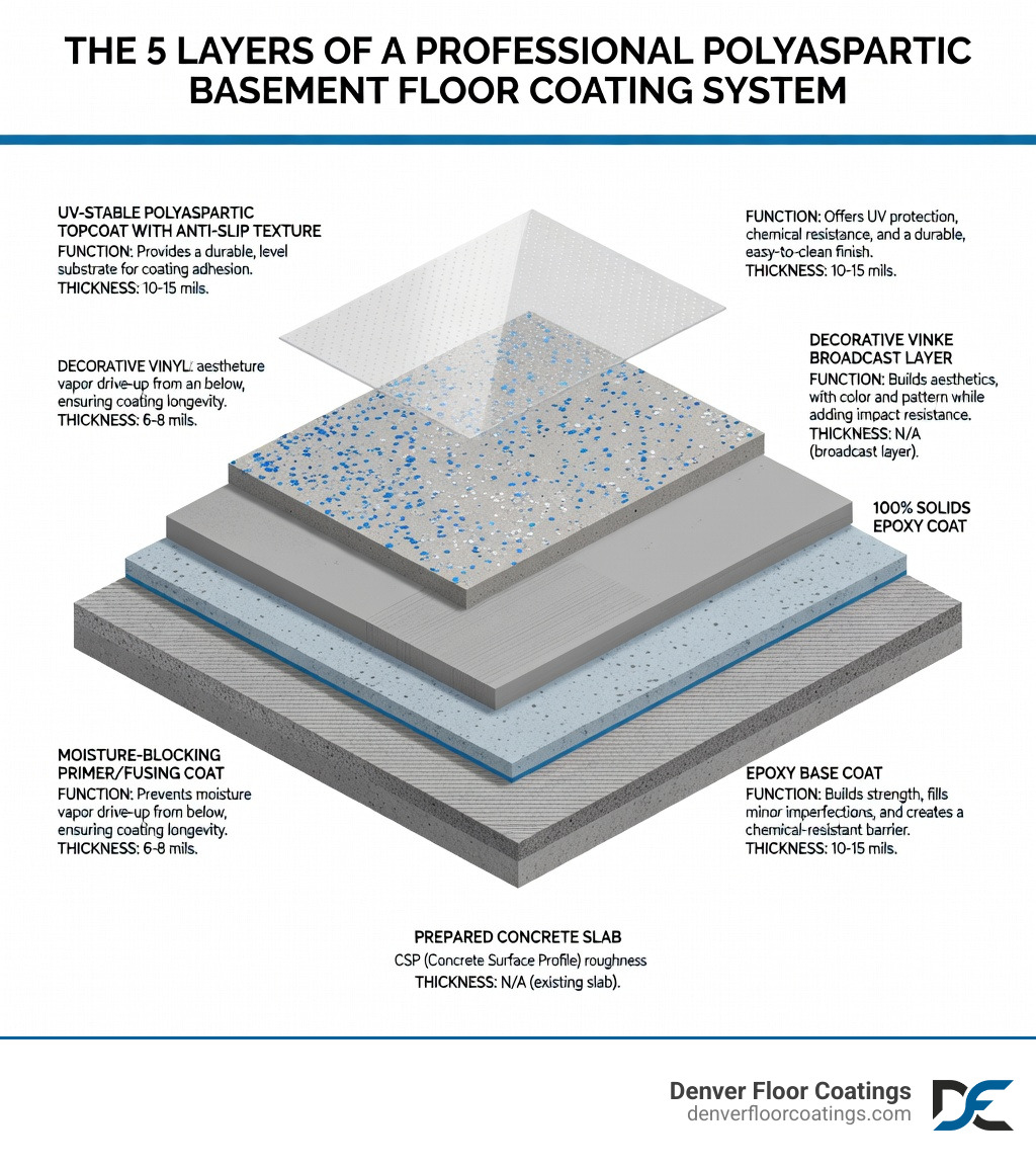 Infographic showing the 5 layers of a professional polyaspartic basement floor coating system: 1. Prepared concrete slab (diamond ground to CSP profile), 2. Moisture-blocking primer/fusing coat, 3. 100% solids epoxy base coat, 4. Decorative vinyl flake broadcast layer, 5. UV-stable polyaspartic topcoat with anti-slip texture — with labels showing the function and approximate thickness of each layer - basement floor refinishing infographic Infographic showing the 5 layers of a professional polyaspartic basement floor coating system: 1. Prepared concrete slab (diamond ground to CSP profile), 2. Moisture-blocking primer/fusing coat, 3. 100% solids epoxy base coat, 4. Decorative vinyl flake broadcast layer, 5. UV-stable polyaspartic topcoat with anti-slip texture — with labels showing the function and approximate thickness of each layer - basement floor refinishing infographic