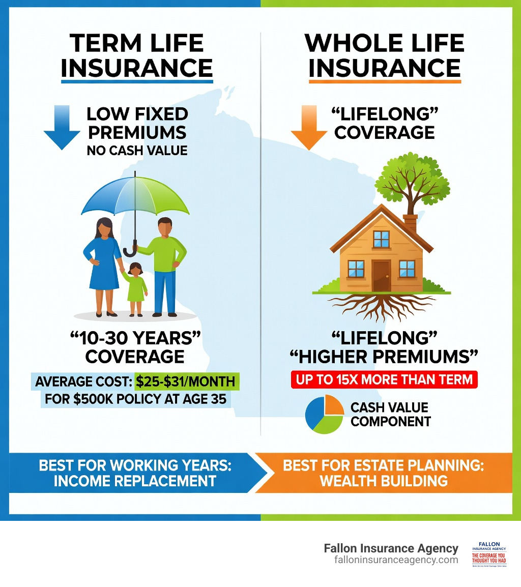 Infographic comparing term life and whole life insurance in Wisconsin: term life covers 10-30 years with low fixed premiums and no cash value, while whole life covers your entire life with higher premiums and a cash value component; term life averages $25-$31/month for a $500k policy at age 35 in Wisconsin versus whole life costing up to 15x more; term life is best for income replacement during working years; whole life is better for lifelong estate planning needs - low cost term life WI infographic 