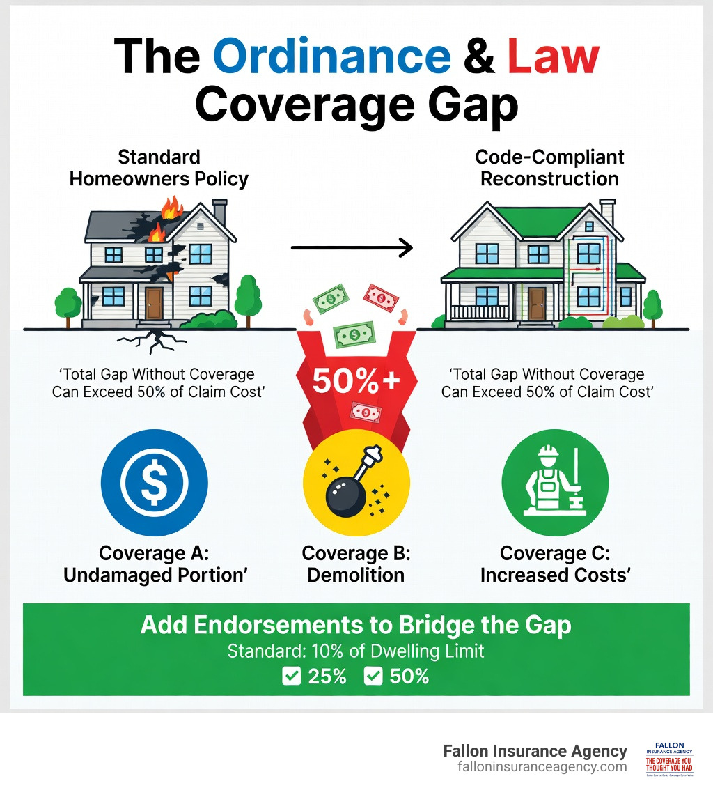 Infographic showing the financial gap between standard homeowners insurance repair payouts and total out-of-pocket costs when building code upgrades are required: standard policy covers damaged portion only; ordinance coverage A covers undamaged portion value; coverage B covers demolition costs; coverage C covers increased construction costs; total gap without ordinance coverage can exceed 50% of claim cost; standard included limit is 10% of dwelling coverage; optional endorsements available at 25% and 50% of dwelling limit - Ordinance or law coverage cost infographic Infographic showing the financial gap between standard homeowners insurance repair payouts and total out-of-pocket costs when building code upgrades are required: standard policy covers damaged portion only; ordinance coverage A covers undamaged portion value; coverage B covers demolition costs; coverage C covers increased construction costs; total gap without ordinance coverage can exceed 50% of claim cost; standard included limit is 10% of dwelling coverage; optional endorsements available at 25% and 50% of dwelling limit - Ordinance or law coverage cost infographic