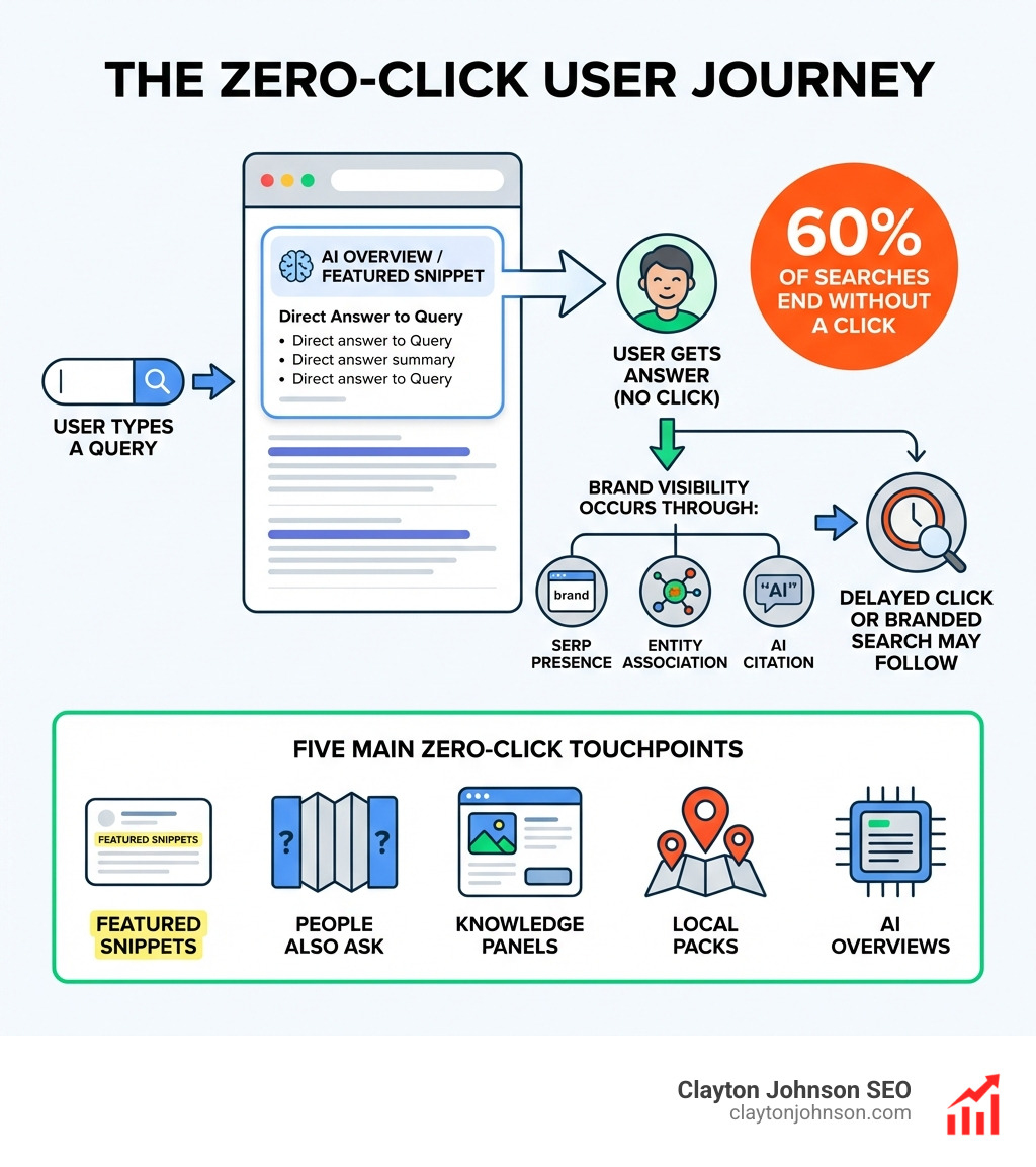 Infographic showing the zero-click user journey: user types a query → Google displays an AI Overview or featured snippet with a direct answer → user gets the answer without clicking → brand visibility occurs through SERP presence, entity association, and citation in AI-generated summaries → delayed click or branded search may follow; includes percentage stats showing 60% of searches end without a click, with callouts for featured snippets, People Also Ask, knowledge panels, local packs, and AI Overviews as the five main zero-click touchpoints - zero click search strategies infographic Infographic showing the zero-click user journey: user types a query → Google displays an AI Overview or featured snippet with a direct answer → user gets the answer without clicking → brand visibility occurs through SERP presence, entity association, and citation in AI-generated summaries → delayed click or branded search may follow; includes percentage stats showing 60% of searches end without a click, with callouts for featured snippets, People Also Ask, knowledge panels, local packs, and AI Overviews as the five main zero-click touchpoints - zero click search strategies infographic