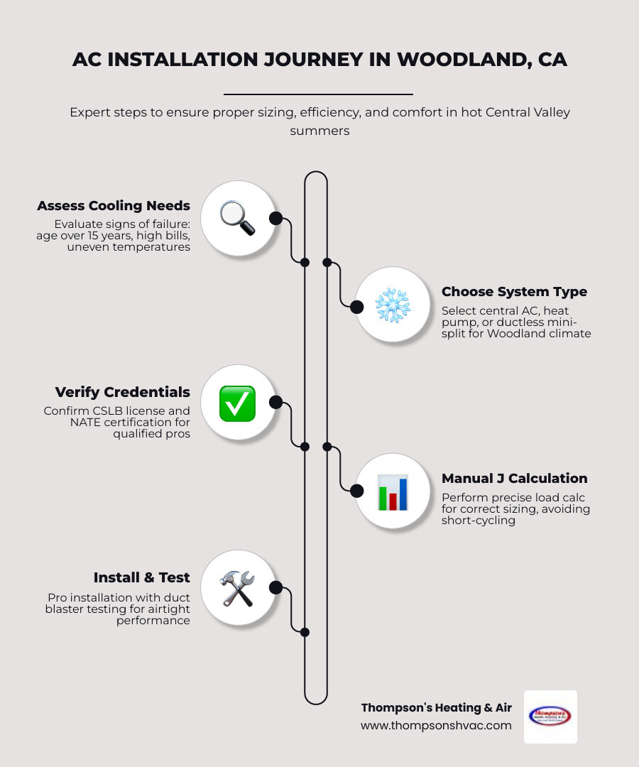 Infographic showing the AC installation journey in Woodland CA: Step 1 - Assess your home's cooling needs and signs of system failure (age over 15 years, high bills, uneven temps); Step 2 - Choose the right system type (central AC, heat pump, or ductless mini-split); Step 3 - Verify contractor credentials (CSLB license, NATE certification); Step 4 - Schedule a Manual J load calculation for proper sizing; Step 5 - Professional installation with duct blaster testing; Step 6 - Explore rebates and set up a maintenance plan for long-term efficiency - ac installation contractors in woodland, ca infographic infographic-line-5-steps-elegant_beige