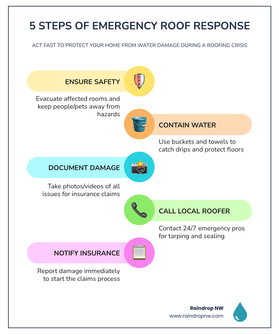 Infographic showing 5 steps of emergency roof response in Forest Grove OR: Step 1 - Ensure household safety and evacuate affected rooms; Step 2 - Contain interior water with buckets and towels; Step 3 - Document all damage with photos and video for insurance; Step 4 - Call a licensed local emergency roofer for 24/7 tarping and leak sealing; Step 5 - Notify your insurance provider and begin the claims process — with icons for each step and a background showing a rainy Oregon residential neighborhood - emergency residential roofing in forest grove, or infographic infographic-line-5-steps-colors Infographic showing 5 steps of emergency roof response in Forest Grove OR: Step 1 - Ensure household safety and evacuate affected rooms; Step 2 - Contain interior water with buckets and towels; Step 3 - Document all damage with photos and video for insurance; Step 4 - Call a licensed local emergency roofer for 24/7 tarping and leak sealing; Step 5 - Notify your insurance provider and begin the claims process — with icons for each step and a background showing a rainy Oregon residential neighborhood - emergency residential roofing in forest grove, or infographic infographic-line-5-steps-colors