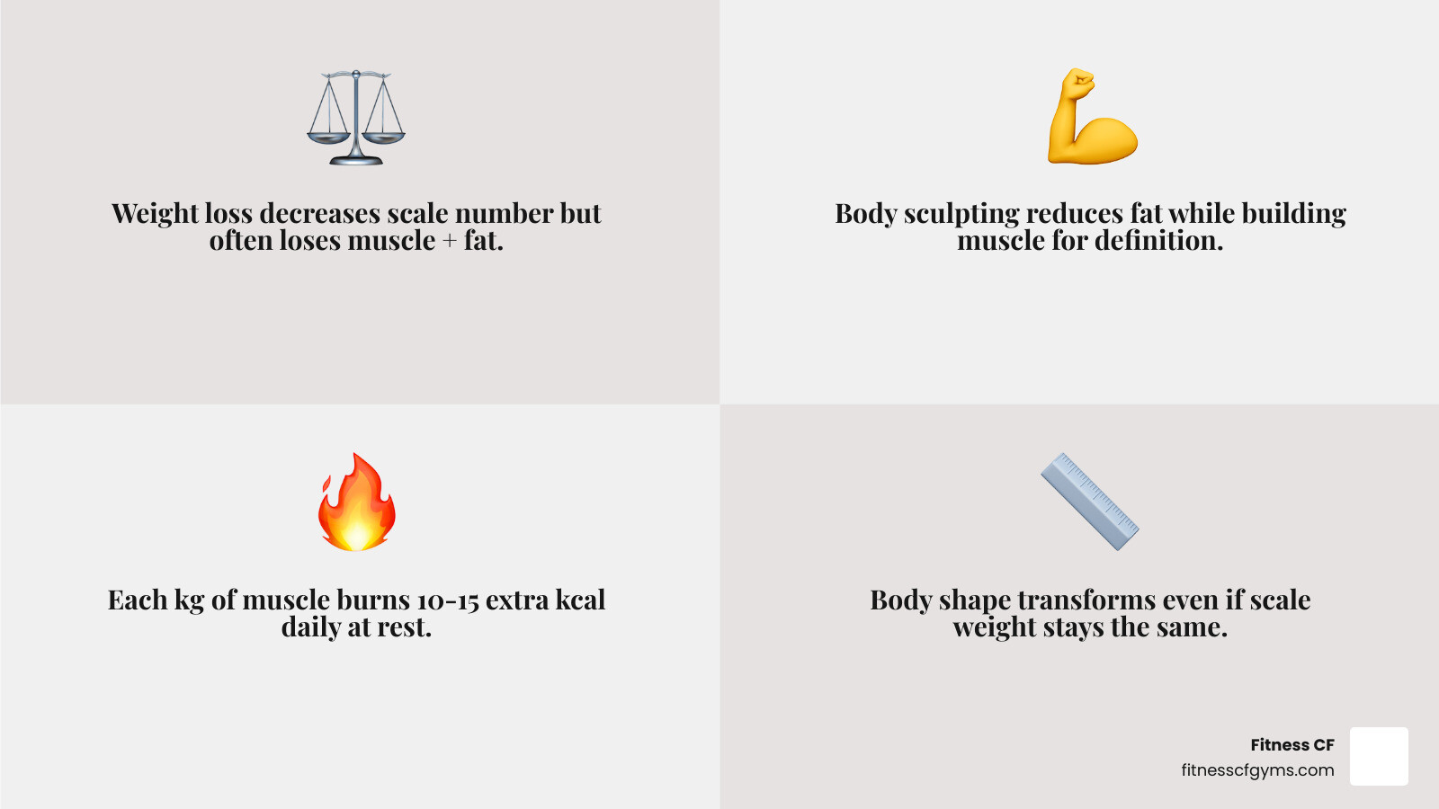 Infographic comparing weight loss vs body sculpting: two side-by-side columns showing scale weight decreasing on left labeled 'weight loss' with icons of muscle loss and fat loss together, versus right column labeled 'body sculpting' showing body fat decreasing and muscle increasing, with callouts noting that body sculpting improves muscle definition, boosts resting metabolism by burning 10-15 kcal per kg of muscle per day, and changes body shape even when scale weight stays the same - body sculpt exercises infographic 4_facts_emoji_grey