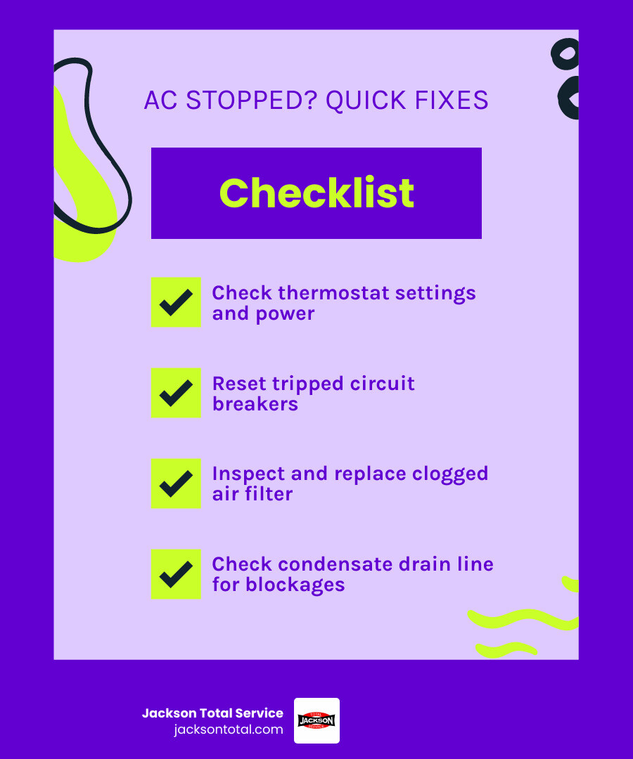 Infographic showing 5 steps to take when your air conditioner stops working completely in Pine Island FL: Step 1 - Check thermostat settings and power; Step 2 - Reset tripped circuit breakers; Step 3 - Inspect and replace clogged air filter; Step 4 - Check condensate drain line for blockages; Step 5 - Call a licensed AC repair professional for same-day or emergency service - "My air conditioner stopped working completely. I need AC repair on Pine Island, FL." infographic checklist-fun-neon