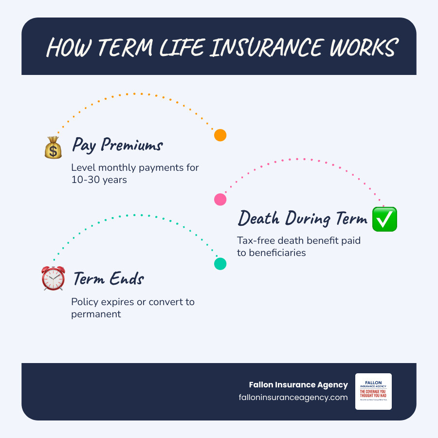 Infographic showing how Minnesota term life insurance works: a policyholder pays level monthly premiums for a chosen term of 10 to 30 years; if the policyholder dies during the term, a tax-free death benefit is paid directly to the named beneficiary; the benefit covers expenses like mortgage payments, childcare, education, and daily living costs; if the term expires, the policy ends or can be converted to permanent coverage; coverage amounts range from $50,000 to $150,000 or more depending on age and plan type - Minnesota Term Life Insurance infographic infographic-line-3-steps-blues-accent_colors