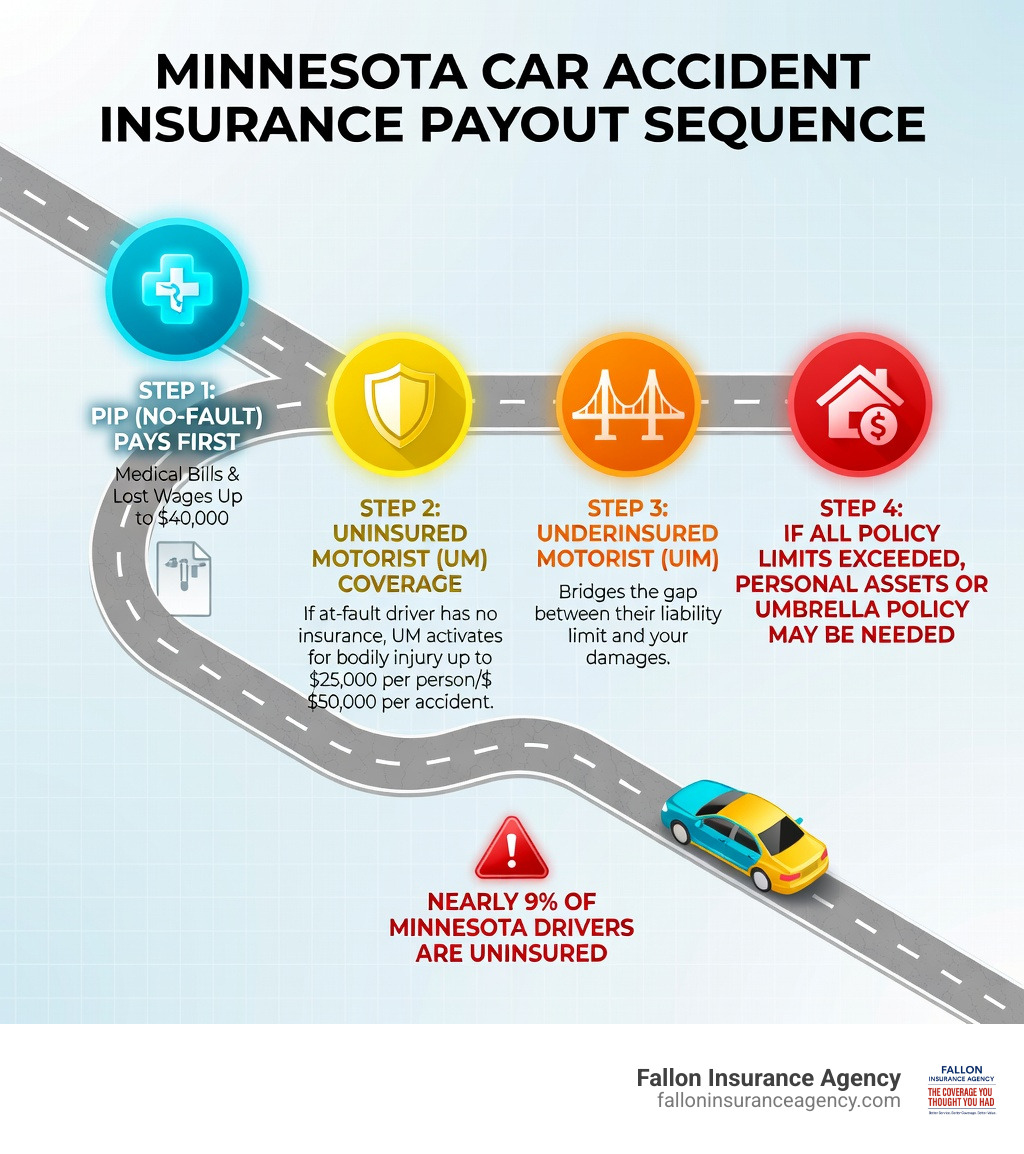 Infographic showing the sequence of insurance payouts after a Minnesota car accident: Step 1 - PIP (no-fault) pays first for medical bills and lost wages up to $40,000; Step 2 - If at-fault driver has no insurance, Uninsured Motorist (UM) coverage activates for bodily injury up to $25,000 per person/$50,000 per accident; Step 3 - If at-fault driver is underinsured, Underinsured Motorist (UIM) bridges the gap between their liability limit and your damages; Step 4 - If damages exceed all policy limits, personal assets or an umbrella policy may be needed; includes a note that nearly 9% of Minnesota drivers are uninsured - uninsured motorist coverage Minnesota infographic 