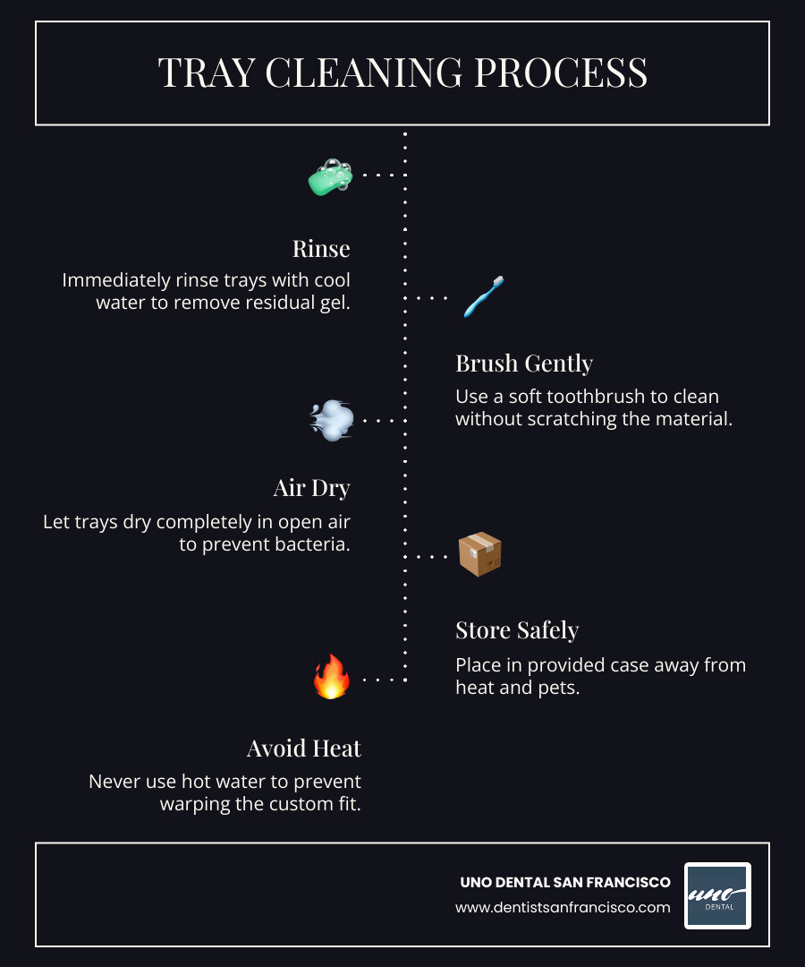 Infographic showing the 3-step cleaning process: 1. Rinse with cool water, 2. Gently brush with a soft toothbrush, 3. Air dry in an open case to prevent odors and bacteria. - teeth bleaching molds infographic infographic-line-5-steps-dark Infographic showing the 3-step cleaning process: 1. Rinse with cool water, 2. Gently brush with a soft toothbrush, 3. Air dry in an open case to prevent odors and bacteria. - teeth bleaching molds infographic infographic-line-5-steps-dark