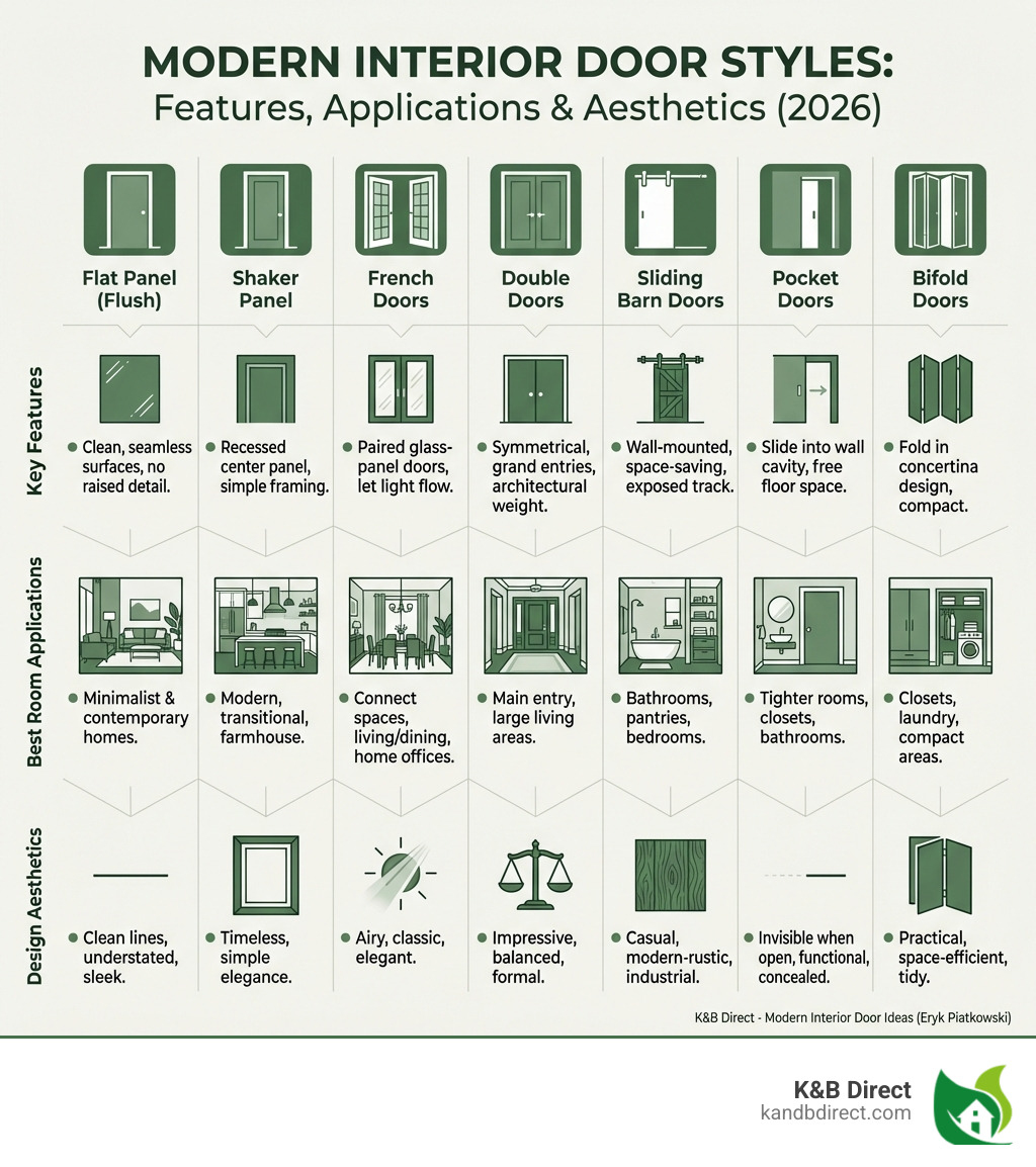 Infographic showing modern interior door styles including flat panel, shaker, French doors, double doors, barn doors, pocket doors, and bifold doors — with key features, best room applications, and design aesthetics for each style listed side by side - Modern interior door ideas infographic 