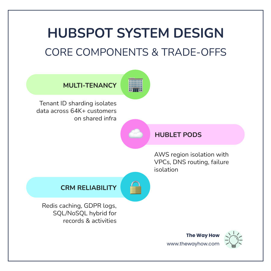 HubSpot system design key components infographic: six-part visual framework showing multi-tenancy and tenant ID sharding, Hublet pod architecture with AWS region isolation, CRM data model with SQL for records and NoSQL for activity logs, bulk email delivery pipeline using Kafka and rate limiting, API gateway with OAuth 2.0 and rate limiting for third-party integrations, and reliability stack with Redis caching, GDPR audit logs, and multi-region failover — each component labeled with its core trade-off - HubSpot system design infographic infographic-line-3-steps-colors