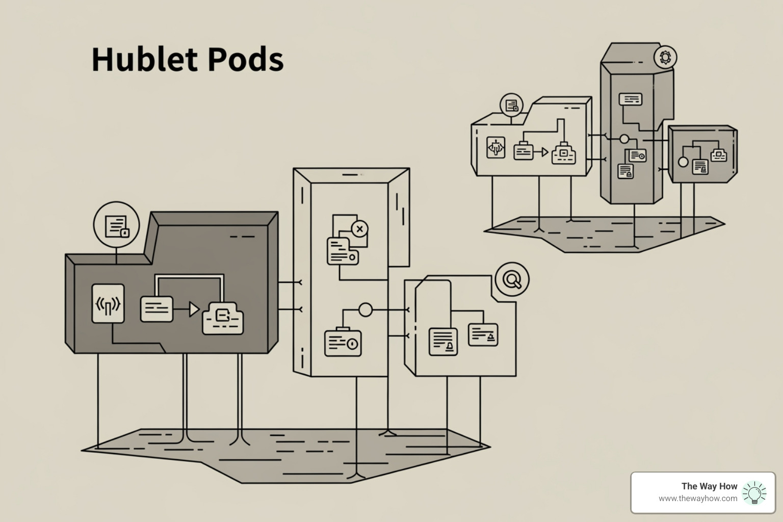 Abstract visual representing Hublet pod isolation: independent clusters of data and services separated by clear boundaries, illustrating how each customer subset resides in a distinct, self-contained environment within an AWS region - HubSpot system design