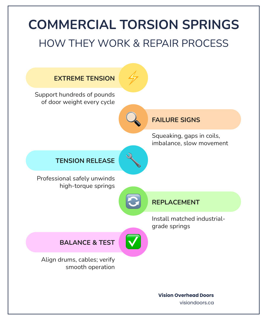 Infographic showing how commercial torsion springs work: a horizontal bar chart comparing spring cycle life (10,000 standard vs. high-cycle options), a diagram of a commercial torsion spring mounted above a heavy overhead door with labeled parts (spring, shaft, drums, cables, bottom bracket), a checklist of warning signs (noise, imbalance, visible gaps in coils, slow movement), and a step-by-step professional repair process (assessment, tension release, replacement, balancing, safety test), with a callout box noting that same-day repair is available in Armstrong, BC - commercial garage door spring repair in armstrong, bc infographic infographic-line-5-steps-colors Infographic showing how commercial torsion springs work: a horizontal bar chart comparing spring cycle life (10,000 standard vs. high-cycle options), a diagram of a commercial torsion spring mounted above a heavy overhead door with labeled parts (spring, shaft, drums, cables, bottom bracket), a checklist of warning signs (noise, imbalance, visible gaps in coils, slow movement), and a step-by-step professional repair process (assessment, tension release, replacement, balancing, safety test), with a callout box noting that same-day repair is available in Armstrong, BC - commercial garage door spring repair in armstrong, bc infographic infographic-line-5-steps-colors
