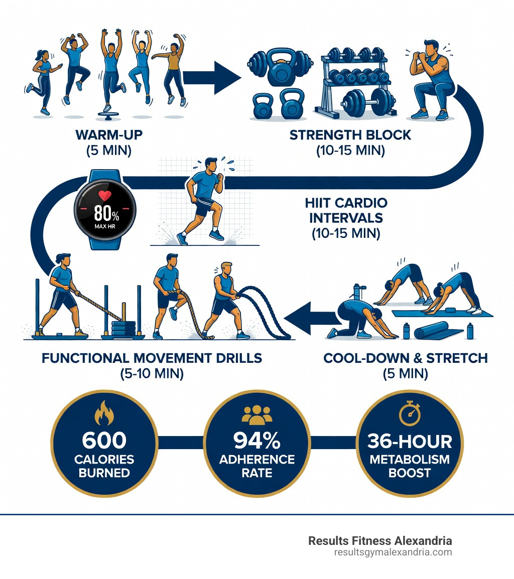 Infographic showing bootcamp group fitness workout flow: warm-up (5 min) → strength block with kettlebells and dumbbells (10-15 min) → HIIT cardio intervals at 80% max heart rate (10-15 min) → functional movement drills like battle ropes and sled pulls (5-10 min) → cool-down and stretch (5 min), with callout stats: 600 calories burned, 94% adherence rate, 36-hour metabolism boost - bootcamp group fitness infographic 