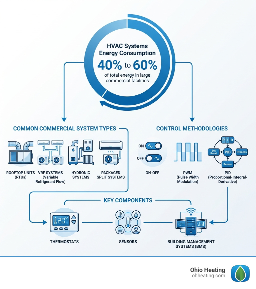 Infographic showing that HVAC systems account for 40 to 60 percent of total energy consumption in large commercial facilities, with a breakdown of common commercial temperature control system types including rooftop units, VRF systems, hydronic systems, and packaged split systems, alongside the three main control methodologies: On-Off, PWM, and PID, and key components such as thermostats, sensors, and building management systems - Commercial temperature control infographic 