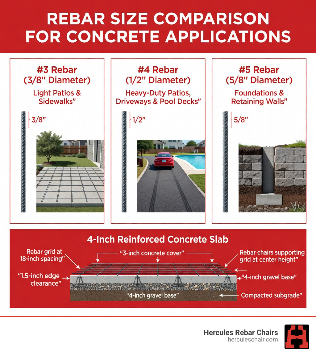 Table comparing rebar sizes: #3 (3/8") used for light patios and sidewalks; #4 (1/2") used for heavy-duty patios, driveways, and pool decks; #5 (5/8") used for foundations and retaining walls - how much rebar in concrete patio infographic Table comparing rebar sizes: #3 (3/8") used for light patios and sidewalks; #4 (1/2") used for heavy-duty patios, driveways, and pool decks; #5 (5/8") used for foundations and retaining walls - how much rebar in concrete patio infographic
