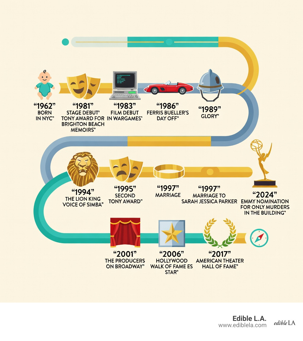 Infographic timeline showing Matthew Broderick's career milestones: 1962 born in NYC; 1981 stage debut; 1983 Tony Award for Brighton Beach Memoirs; 1983 film debut in WarGames; 1986 Ferris Bueller's Day Off; 1989 Glory; 1994 The Lion King voice of Simba; 1995 second Tony Award; 1997 marriage to Sarah Jessica Parker; 2001 The Producers on Broadway; 2006 Hollywood Walk of Fame star; 2017 American Theater Hall of Fame; 2024 Emmy nomination for Only Murders in the Building - matthew broderick infographic 