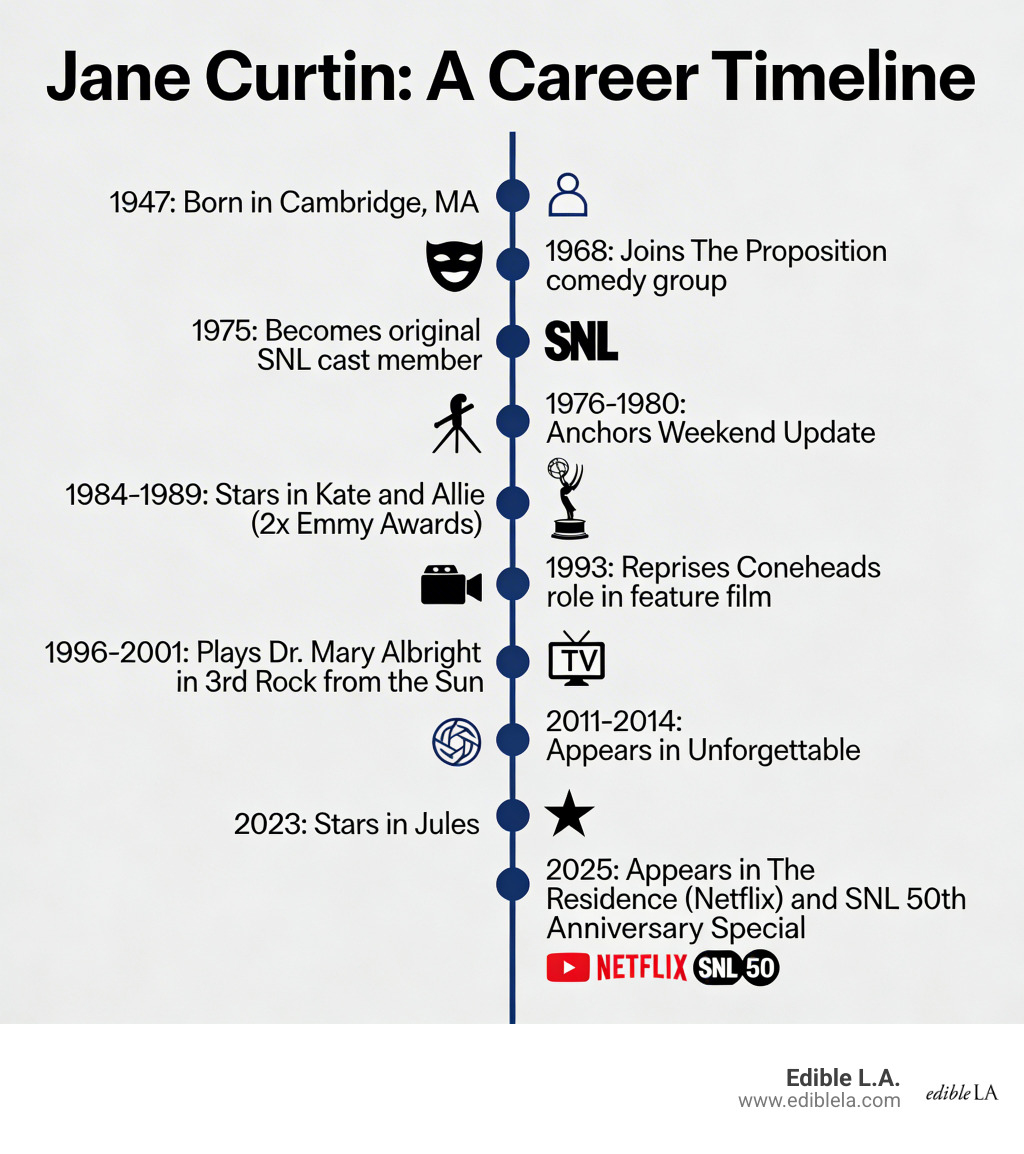 Infographic showing Jane Curtin's career timeline: 1947 born in Cambridge MA; 1968 joins The Proposition comedy group; 1975 becomes original SNL cast member; 1976-1980 anchors Weekend Update; 1984-1989 stars in Kate and Allie winning two consecutive Emmy Awards; 1993 reprises Coneheads role in feature film; 1996-2001 plays Dr. Mary Albright in 3rd Rock from the Sun; 2011-2014 appears in Unforgettable; 2023 stars in Jules; 2025 appears in The Residence on Netflix and SNL 50th Anniversary Special - jane curtin infographic Infographic showing Jane Curtin's career timeline: 1947 born in Cambridge MA; 1968 joins The Proposition comedy group; 1975 becomes original SNL cast member; 1976-1980 anchors Weekend Update; 1984-1989 stars in Kate and Allie winning two consecutive Emmy Awards; 1993 reprises Coneheads role in feature film; 1996-2001 plays Dr. Mary Albright in 3rd Rock from the Sun; 2011-2014 appears in Unforgettable; 2023 stars in Jules; 2025 appears in The Residence on Netflix and SNL 50th Anniversary Special - jane curtin infographic