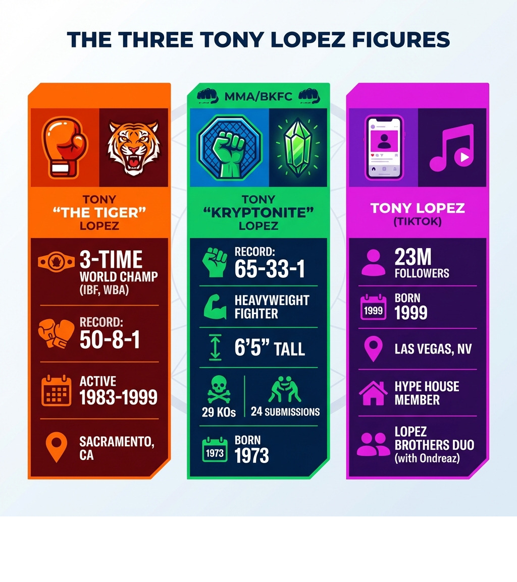 Infographic showing three different public figures named Tony Lopez: Tony 'The Tiger' Lopez (boxer, Sacramento CA, 50-8-1 record, 3-time world champion, IBF/WBA titles, active 1983-1999), Tony 'Kryptonite' Lopez (MMA/BKFC heavyweight fighter, 65-33-1 record, born 1973, 6'5