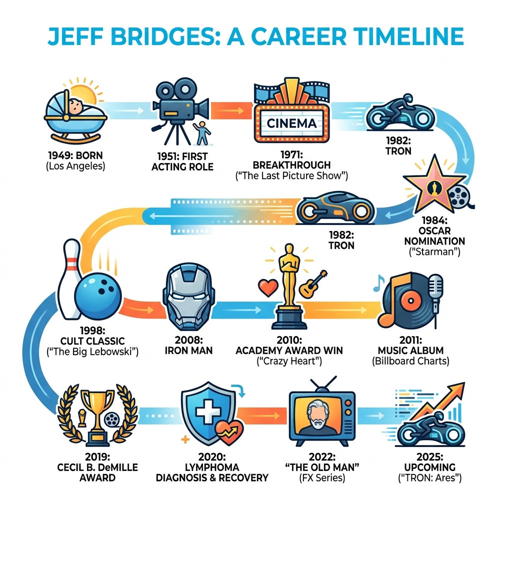 Infographic showing Jeff Bridges' career timeline: 1949 born in Los Angeles; 1951 first acting role; 1971 breakthrough in The Last Picture Show; 1982 TRON; 1984 Starman Oscar nomination; 1998 The Big Lebowski cult classic; 2008 Iron Man; 2010 Academy Award win for Crazy Heart; 2011 music album on Billboard charts; 2019 Cecil B. DeMille Award; 2020 lymphoma diagnosis and recovery; 2022 The Old Man FX series; 2025 TRON: Ares upcoming -  jeff bridges infographic 