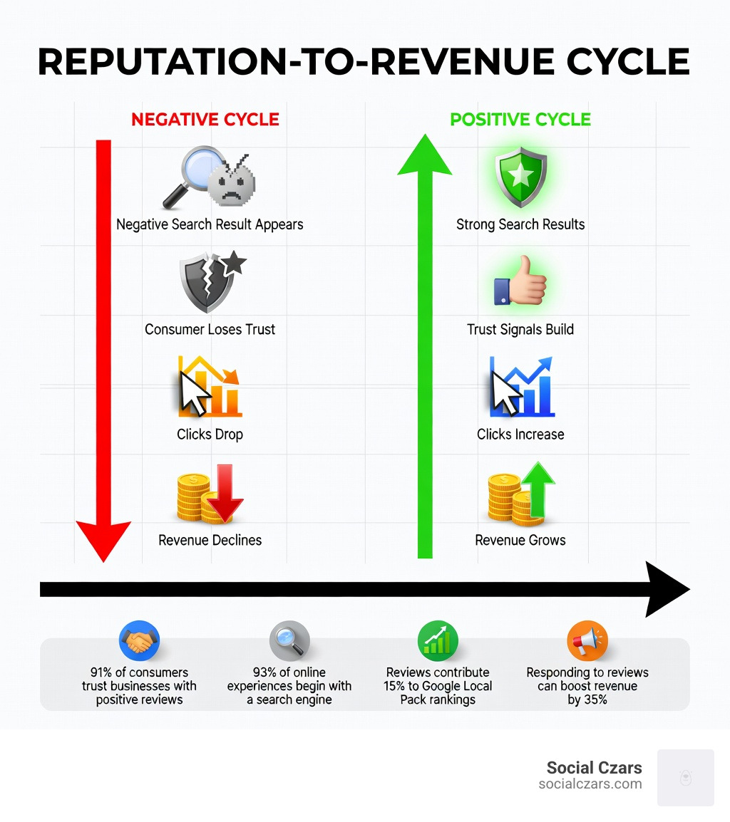 Infographic showing the reputation-to-revenue cycle: negative search result appears → consumer loses trust → clicks drop → leads fall → revenue declines; contrasted with positive cycle: strong search results → trust signals build → clicks increase → conversions rise → revenue grows; includes stats: 91% trust businesses with good reviews, 93% of experiences start with search, reviews contribute 15% to Google Local Pack rankings, responding to reviews can boost revenue by 35% - seo reputation management services infographic 