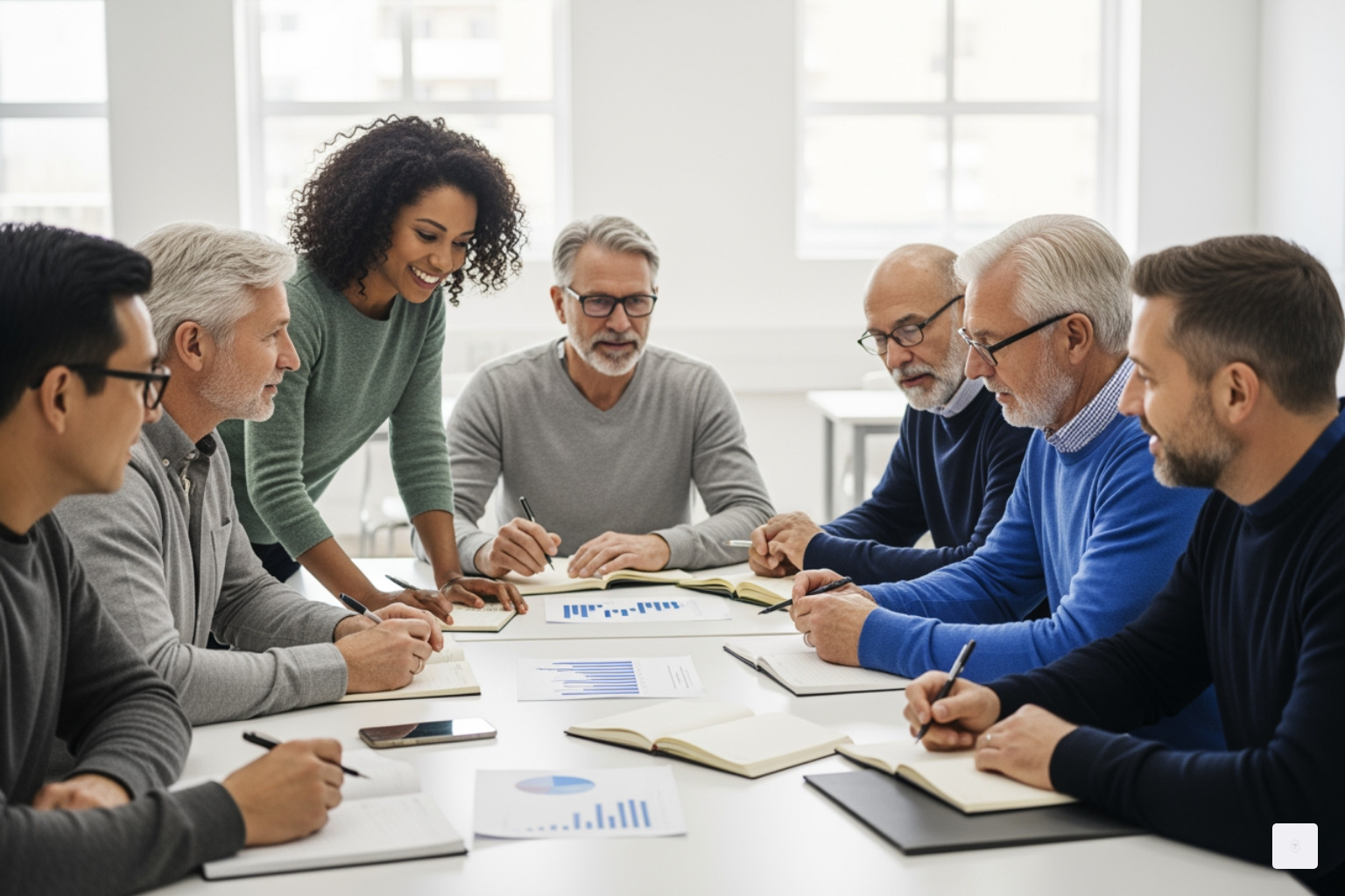 A diverse group of people in a bright classroom setting, focused on a professional consultation regarding career goals and financial planning - Family Self-Sufficiency program California