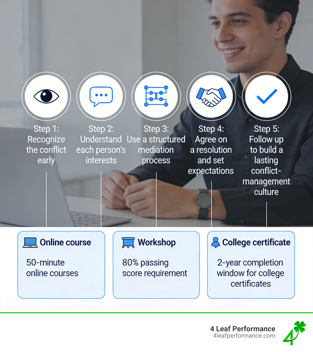 Infographic showing 5 steps of conflict resolution: 1. Recognize the conflict early, 2. Understand each person's interests, 3. Use a structured mediation process, 4. Agree on a resolution and set expectations, 5. Follow up to build a lasting conflict-management culture — with icons, program types (online, workshop, certificate), and key stats like 50-minute online courses, 80% passing score requirement, and 2-year completion window for college certificates - conflict management training program infographic Infographic showing 5 steps of conflict resolution: 1. Recognize the conflict early, 2. Understand each person's interests, 3. Use a structured mediation process, 4. Agree on a resolution and set expectations, 5. Follow up to build a lasting conflict-management culture — with icons, program types (online, workshop, certificate), and key stats like 50-minute online courses, 80% passing score requirement, and 2-year completion window for college certificates - conflict management training program infographic